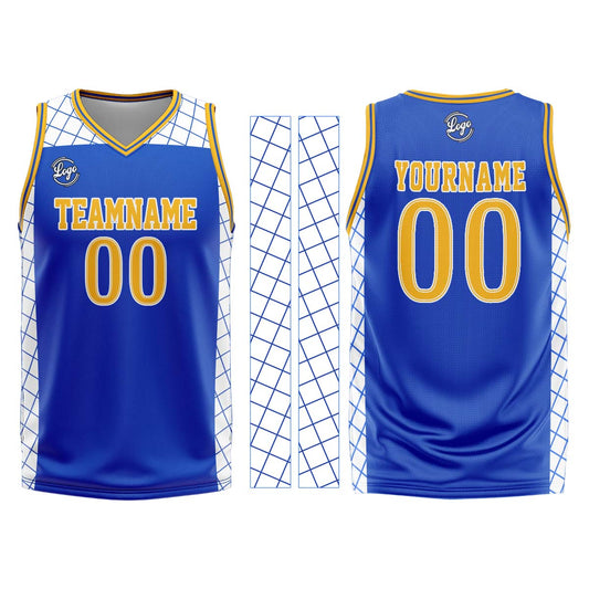 Benutzerdefinierter Blau Gelb Basketball Jersey Uniform Anzug gedruckt Ihr Logo Name Nummer