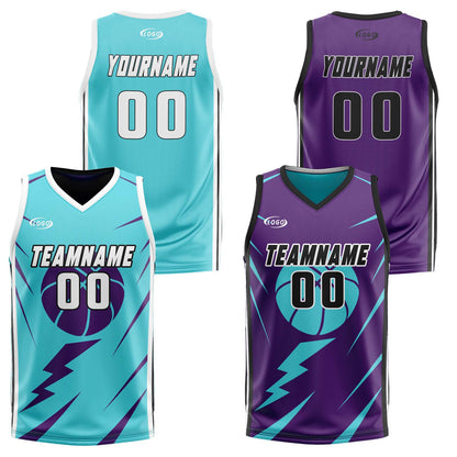Benutzerdefinierte Cyan Lila Reversible Basketball Jersey Personalisierte Drucken Name Nummer Logo