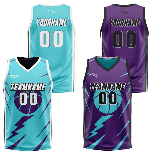 Benutzerdefinierte Cyan Lila Reversible Basketball Jersey Personalisierte Drucken Name Nummer Logo