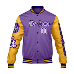 Maßgeschneiderte Lila Gelb Letterman Varsity Jacket Individuelle Stickerei  Druck nach Ihrem Wunsch