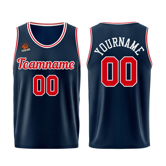 Individuelle Dunkelblau-Rot Basketball Jersey Shorts für Männer und Frauen Gestickter und gedruckter Name, Nummer und Logo