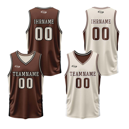 Benutzerdefinierte Braun Creme Reversible Basketball Jersey Personalisierte Drucken Name Nummer Logo