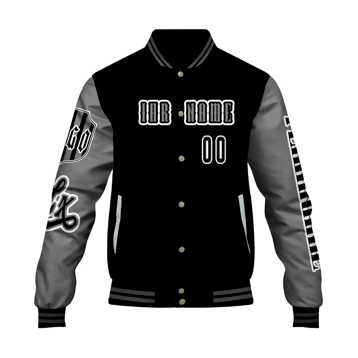 Maßgeschneiderte Schwarz Grau Letterman Varsity Jacket Individuelle Stickerei  Druck nach Ihrem Wunsch