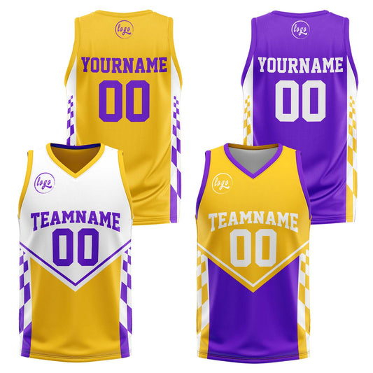 Benutzerdefinierte Gelb Lila Reversible Basketball Jersey Personalisierte Drucken Name Nummer Logo