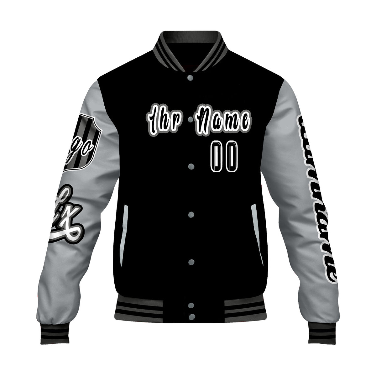 Maßgeschneiderte Schwarz Grau Letterman Varsity Jacket Individuelle Stickerei  Druck nach Ihrem Wunsch