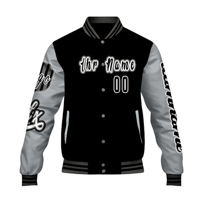 Maßgeschneiderte Schwarz Grau Letterman Varsity Jacket Individuelle Stickerei  Druck nach Ihrem Wunsch