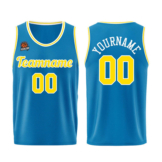 Individuelle Blau-Gelb Basketball Jersey Shorts für Männer und Frauen Gestickter und gedruckter Name, Nummer und Logo