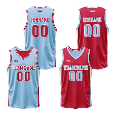 Benutzerdefinierte Hellblau Rot Reversible Basketball Jersey Personalisierte Drucken Name Nummer Logo