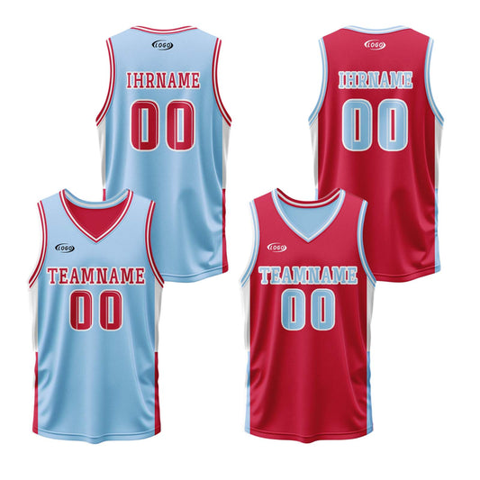 Benutzerdefinierte Hellblau Rot Reversible Basketball Jersey Personalisierte Drucken Name Nummer Logo