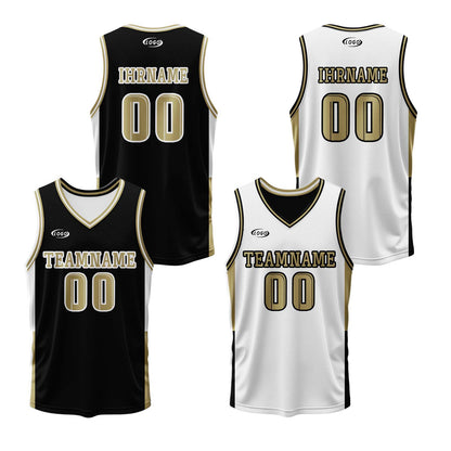 Benutzerdefinierte Schwarz Weiß Gold Reversible Basketball Jersey Personalisierte Drucken Name Nummer Logo