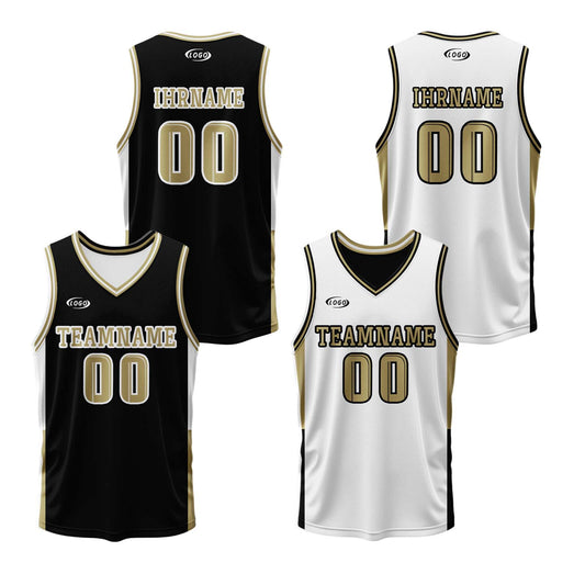 Benutzerdefinierte Schwarz Weiß Gold Reversible Basketball Jersey Personalisierte Drucken Name Nummer Logo