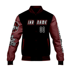 Maßgeschneiderte Schwarz Rot Letterman Varsity Jacket Individuelle Stickerei  Druck nach Ihrem Wunsch