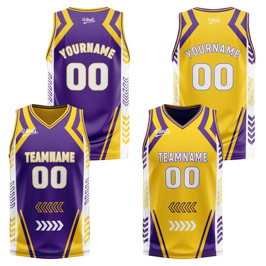 Benutzerdefinierte Lila Gelb Reversible Basketball Jersey Personalisierte Drucken Name Nummer Logo