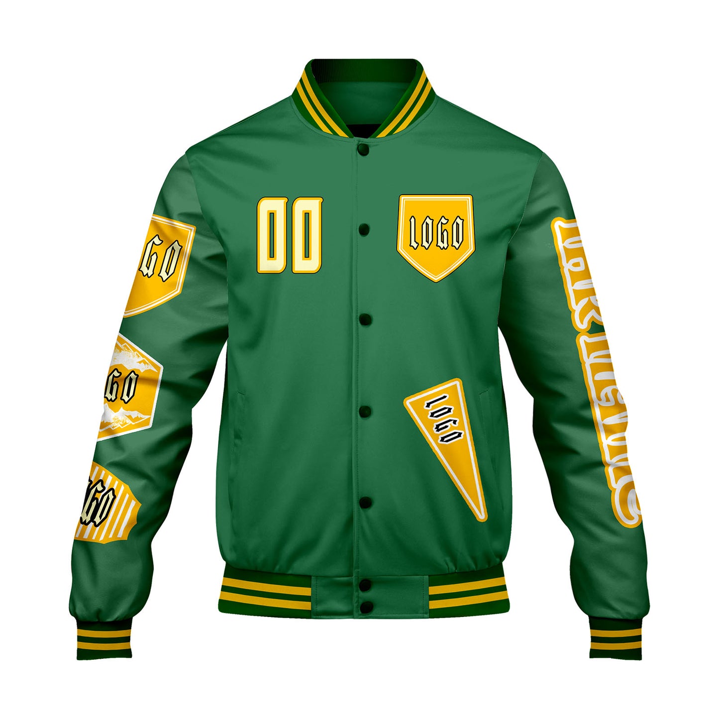 Maßgeschneiderte Grün Letterman Varsity Jacket Individuelle Stickerei  Druck nach Ihrem Wunsch