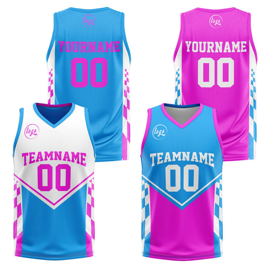 Benutzerdefinierte Blau Lichtrosa Reversible Basketball Jersey Personalisierte Print Name Nummer Logo