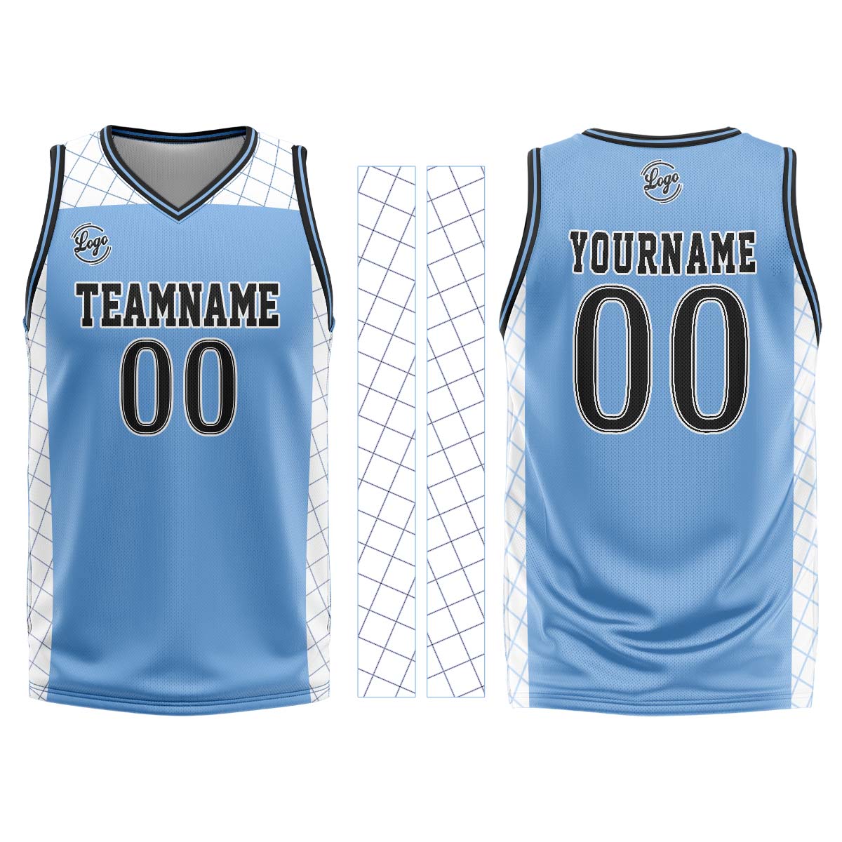 Benutzerdefinierter Hellblau Schwarz Basketball Jersey Uniform Anzug gedruckt Ihr Logo Name Nummer