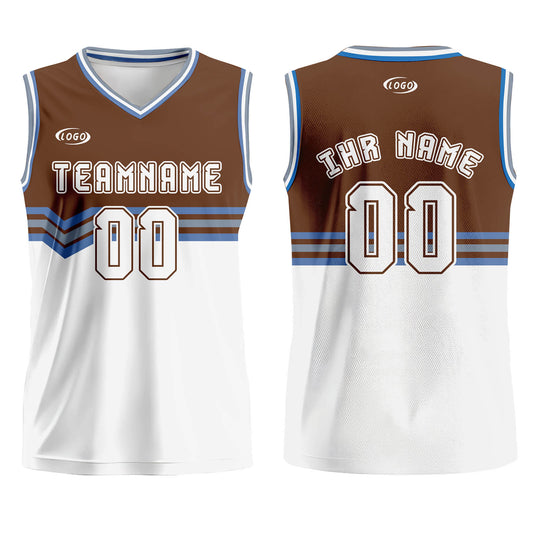 Benutzerdefinierter Braun Weiß Grau Blau Basketball Jersey Uniform Anzug gedruckt Ihr Logo Name Nummer