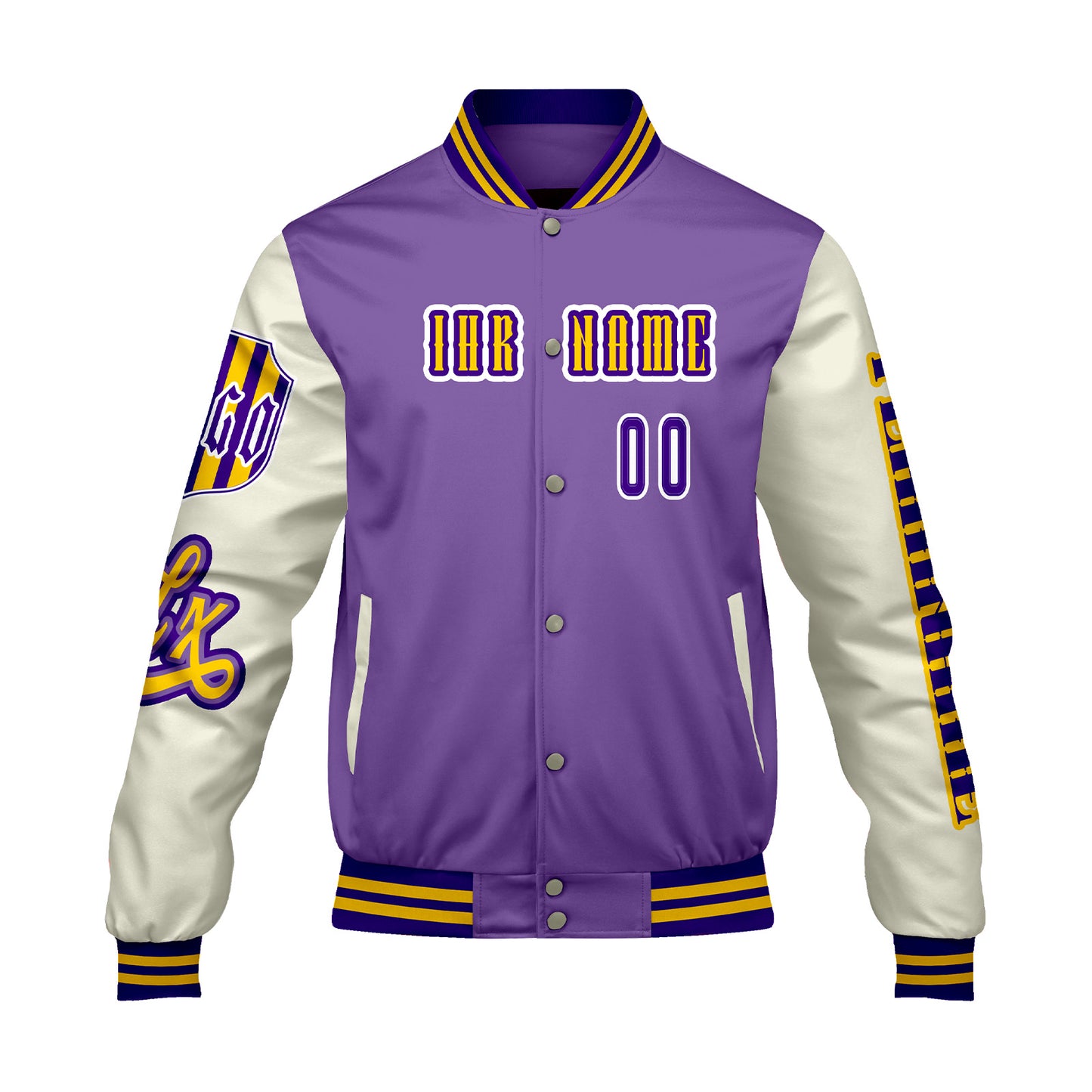 Maßgeschneiderte Lila Weiß Letterman Varsity Jacket Individuelle Stickerei  Druck nach Ihrem Wunsch