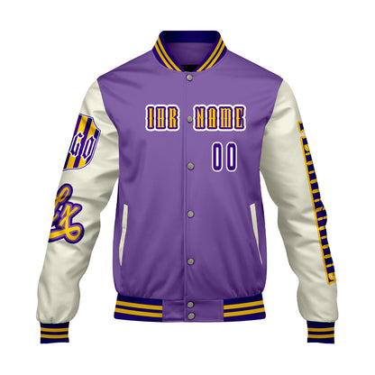Maßgeschneiderte Lila Weiß Letterman Varsity Jacket Individuelle Stickerei  Druck nach Ihrem Wunsch