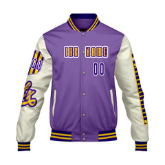 Maßgeschneiderte Lila Weiß Letterman Varsity Jacket Individuelle Stickerei  Druck nach Ihrem Wunsch
