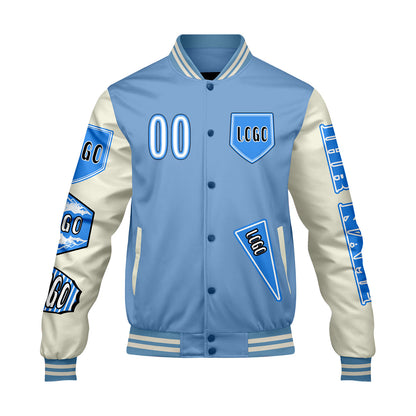 Maßgeschneiderte Blau Weiß Letterman Varsity Jacket Individuelle Stickerei  Druck nach Ihrem Wunsch