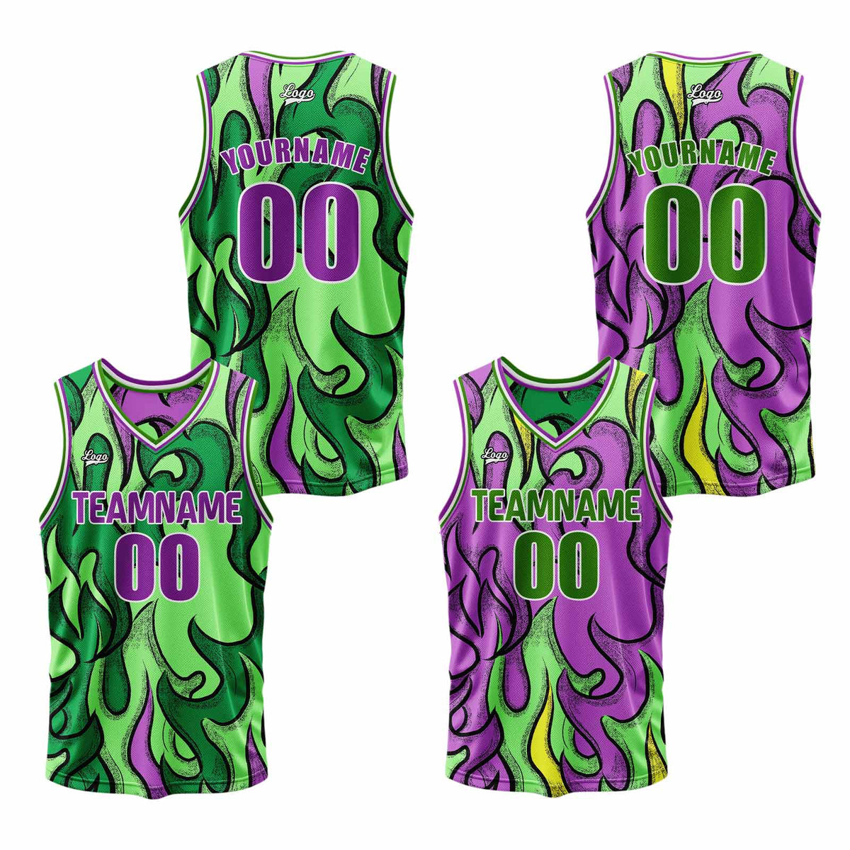Benutzerdefinierte Grün Lila Reversible Basketball Jersey Personalisierte Print Name Nummer Logo