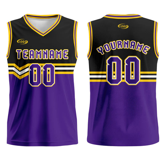 Benutzerdefinierter Schwarz Lila Gelb Weiß Basketball Jersey Uniform Anzug gedruckt Ihr Logo Name Nummer