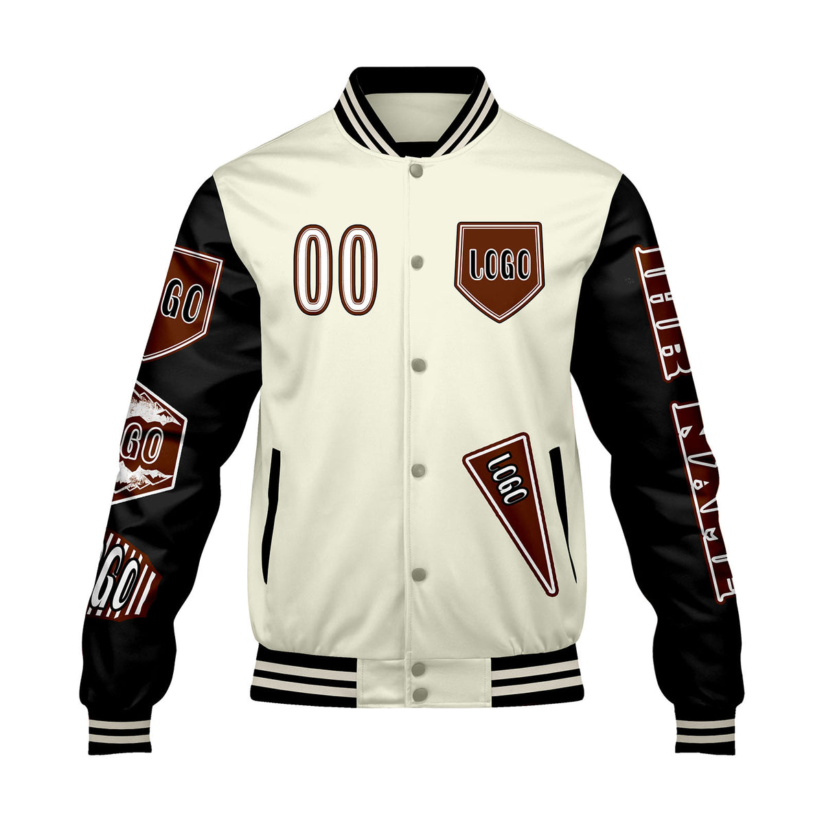 Maßgeschneiderte Weiß Schwarz Letterman Varsity Jacket Individuelle Stickerei  Druck nach Ihrem Wunsch