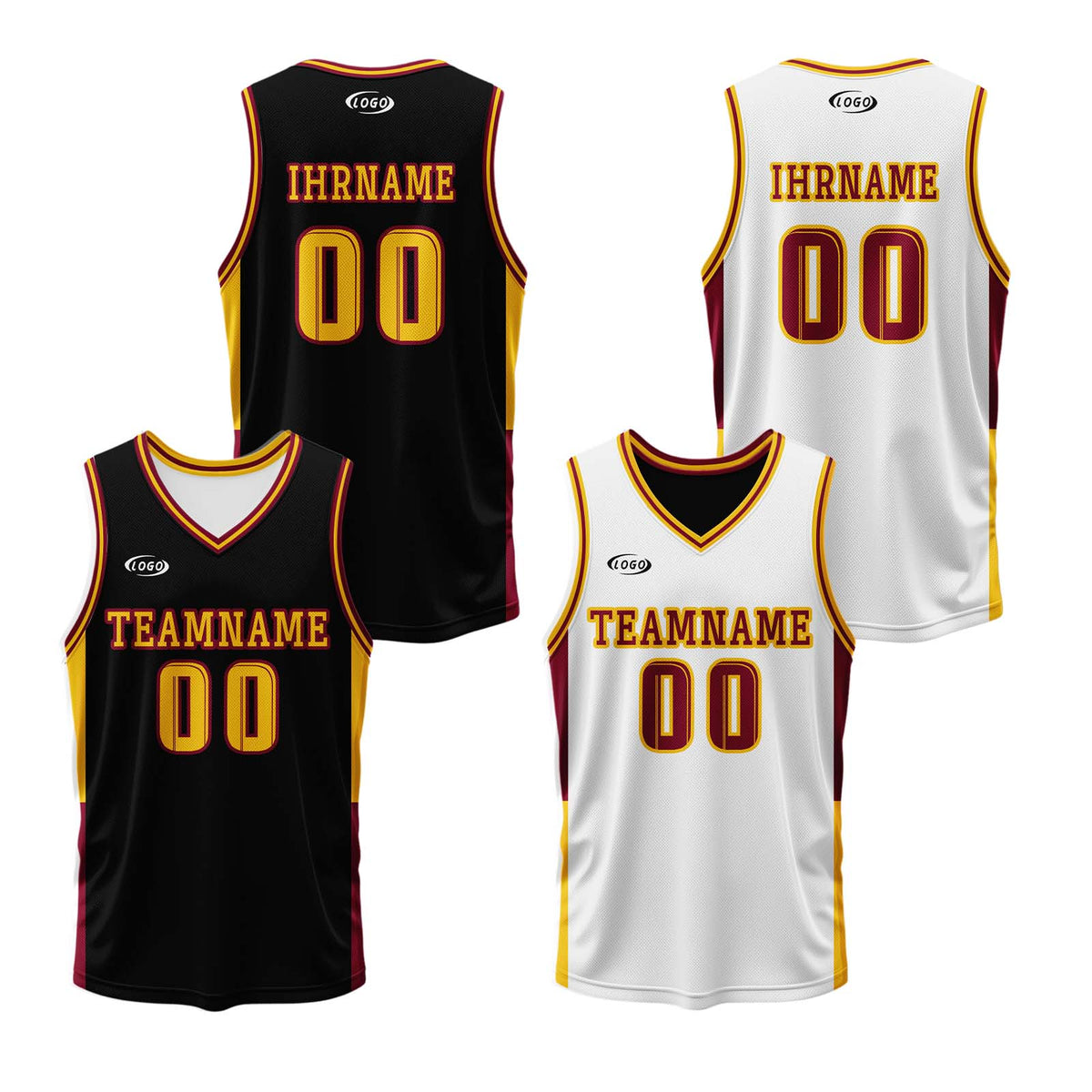 Benutzerdefinierte Schwarz Weiß Gelb Reversible Basketball Jersey Personalisierte Drucken Name Nummer Logo