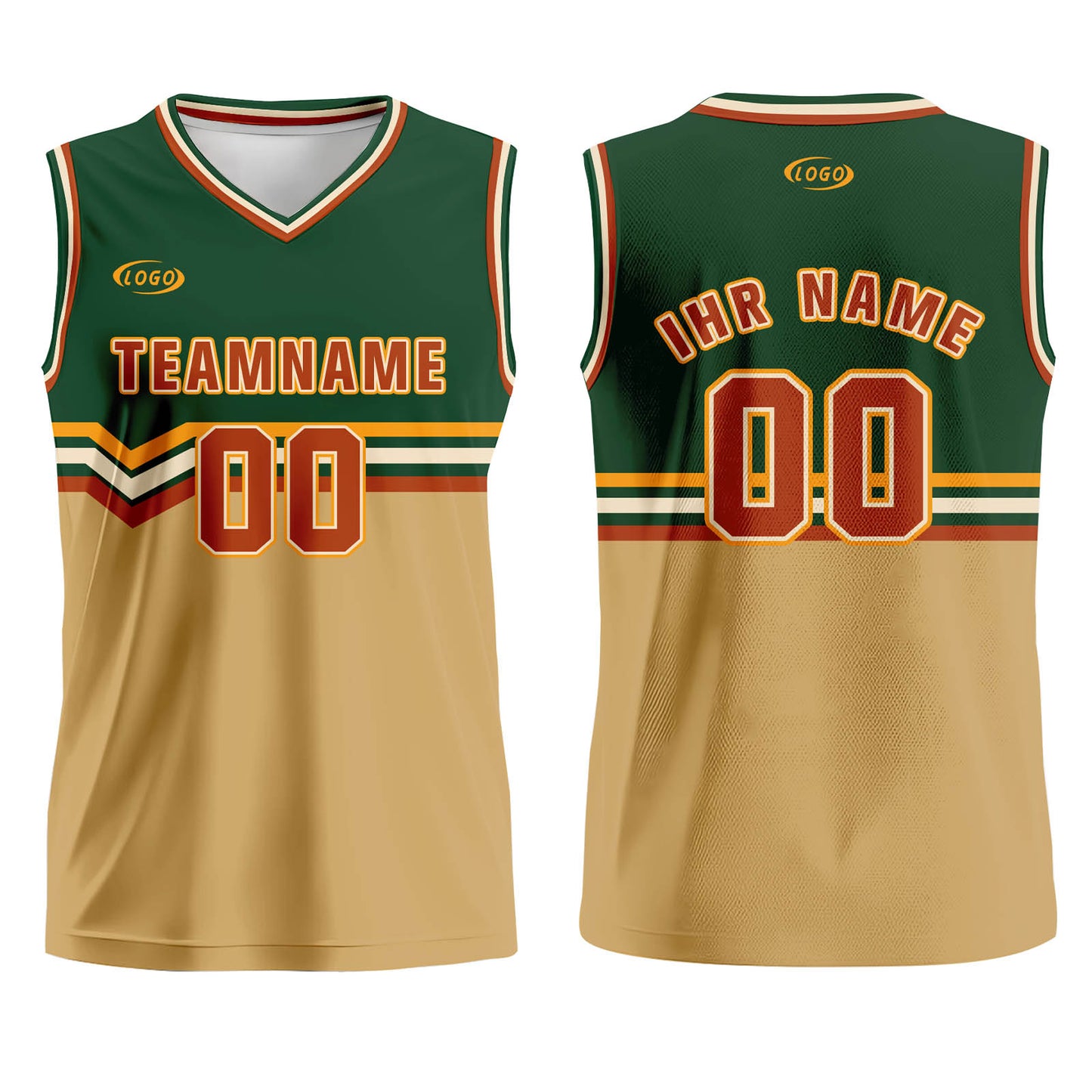 Benutzerdefinierter Grün Hellbraun Rot Gelb Basketball Jersey Uniform Anzug gedruckt Ihr Logo Name Nummer