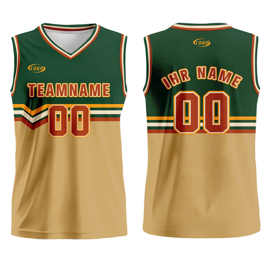 Benutzerdefinierter Grün Hellbraun Rot Gelb Basketball Jersey Uniform Anzug gedruckt Ihr Logo Name Nummer