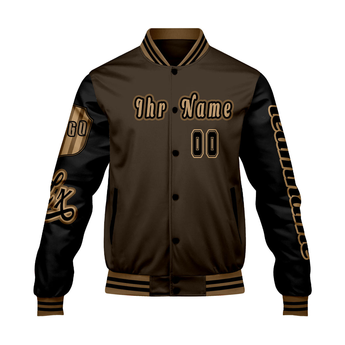 Maßgeschneiderte Braun Schwarz Letterman Varsity Jacket Individuelle Stickerei  Druck nach Ihrem Wunsch