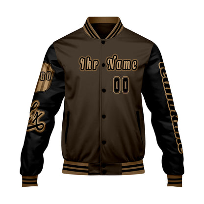 Maßgeschneiderte Braun Schwarz Letterman Varsity Jacket Individuelle Stickerei  Druck nach Ihrem Wunsch