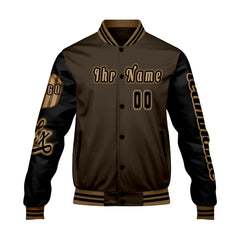 Maßgeschneiderte Braun Schwarz Letterman Varsity Jacket Individuelle Stickerei  Druck nach Ihrem Wunsch