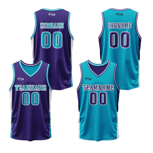 Benutzerdefinierte Lila Cyan Reversible Basketball Jersey Personalisierte Drucken Name Nummer Logo
