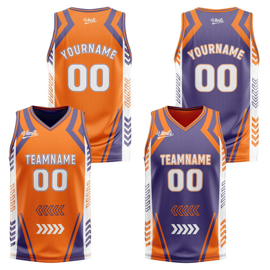 Benutzerdefinierte Orange Lila Reversible Basketball Jersey Personalisierte Drucken Name Nummer Logo