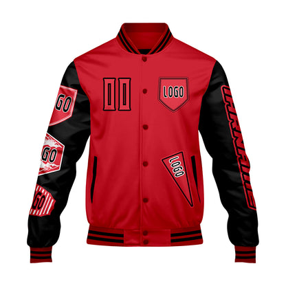 Maßgeschneiderte Rot Schwarz Letterman Varsity Jacket Individuelle Stickerei  Druck nach Ihrem Wunsch
