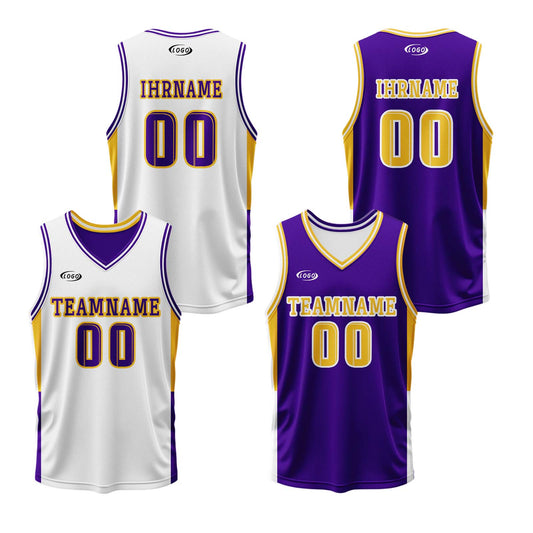 Benutzerdefinierte Weiß Lila Gelb Reversible Basketball Jersey Personalisierte Drucken Name Nummer Logo
