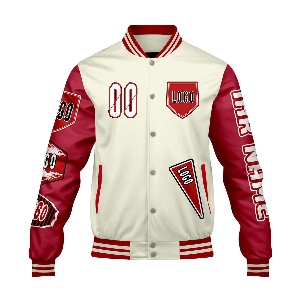 Maßgeschneiderte Weiß Rot Letterman Varsity Jacket Individuelle Stickerei  Druck nach Ihrem Wunsch