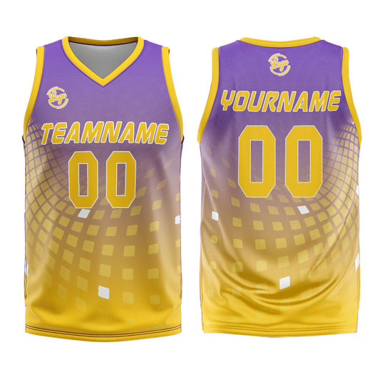 Benutzerdefinierter Lila Gelb Basketball Jersey Uniform Anzug gedruckt Ihr Logo Name Nummer