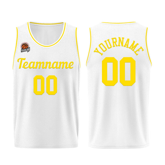 Individuelle Weiß-Gelb Basketball Jersey Shorts für Männer und Frauen Gestickter und gedruckter Name, Nummer und Logo