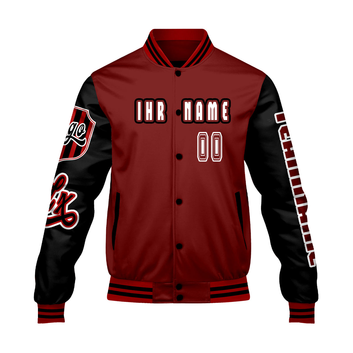 Maßgeschneiderte Rot Schwarz Letterman Varsity Jacket Individuelle Stickerei  Druck nach Ihrem Wunsch