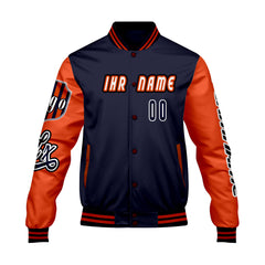 Maßgeschneiderte Marine Orange Letterman Varsity Jacket Individuelle Stickerei  Druck nach Ihrem Wunsch