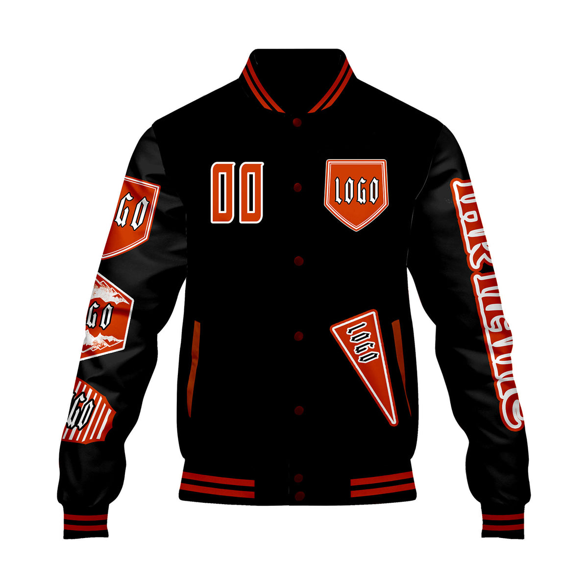 Maßgeschneiderte Schwarz Letterman Varsity Jacket Individuelle Stickerei  Druck nach Ihrem Wunsch