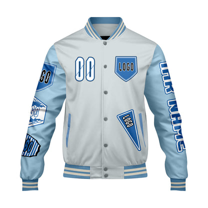 Maßgeschneiderte Grau Löwenblau Letterman Varsity Jacket Individuelle Stickerei  Druck nach Ihrem Wunsch