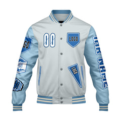 Maßgeschneiderte Grau Löwenblau Letterman Varsity Jacket Individuelle Stickerei  Druck nach Ihrem Wunsch
