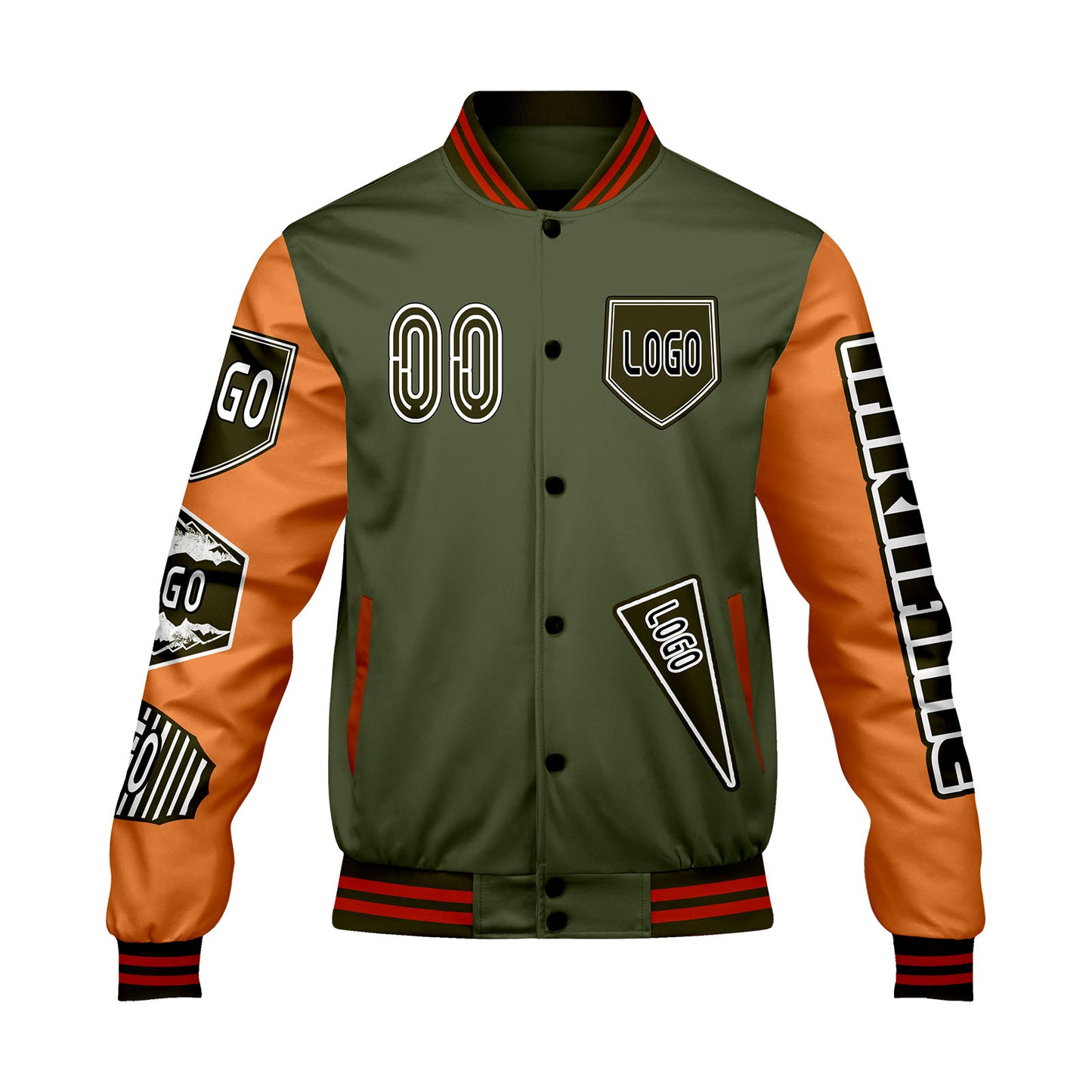 Maßgeschneiderte Olivengrün Orange Letterman Varsity Jacket Individuelle Stickerei  Druck nach Ihrem Wunsch