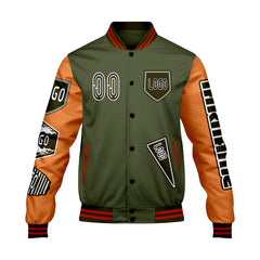 Maßgeschneiderte Olivengrün Orange Letterman Varsity Jacket Individuelle Stickerei  Druck nach Ihrem Wunsch