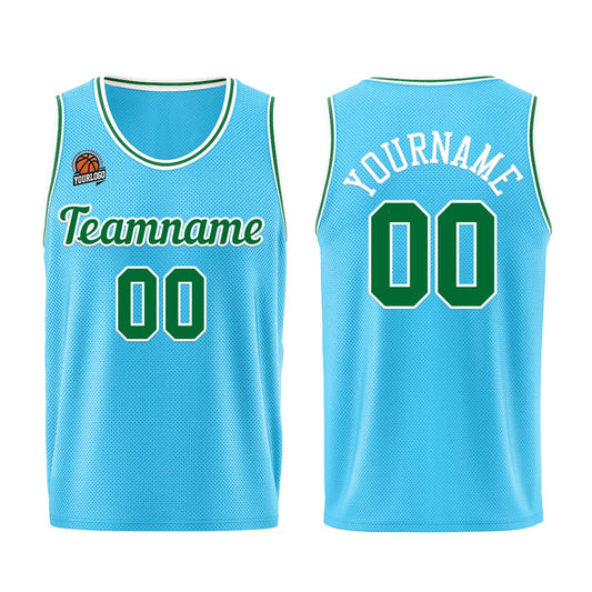 Individuelle Hellblau Grün Basketball Jersey Shorts für Männer und Frauen Gestickter und gedruckter Name, Nummer und Logo