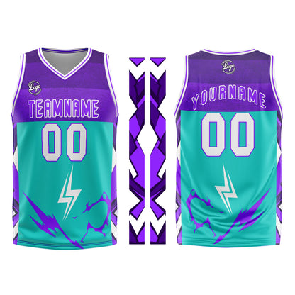 Benutzerdefinierter Cyan Lila Basketball Jersey Uniform Anzug gedruckt Ihr Logo Name Nummer
